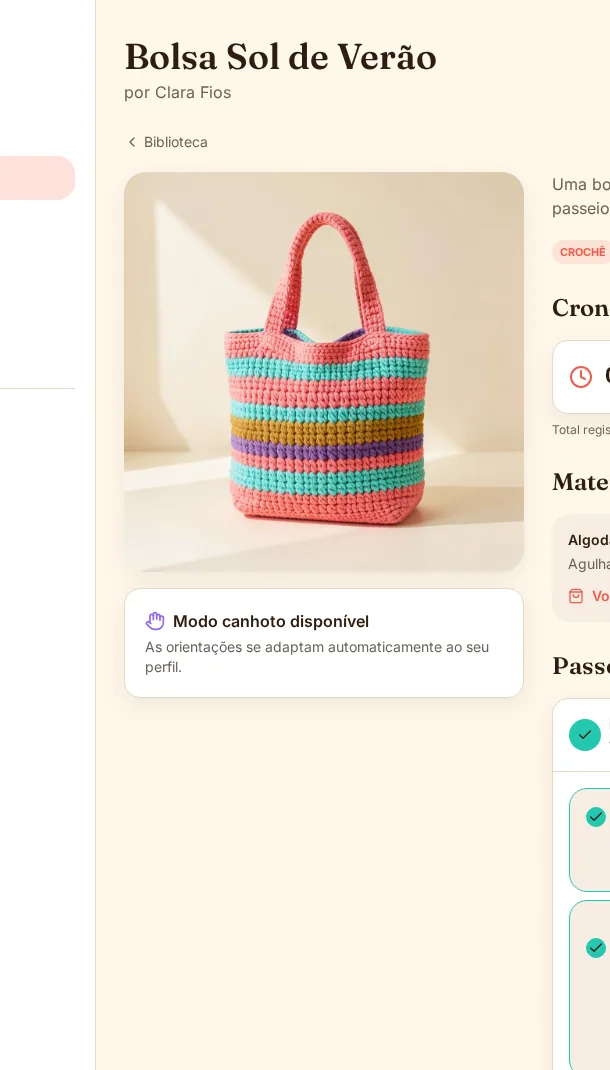 Receita da Bolsa Sol de Verão mostrando foto, cronômetro e instruções por carreira